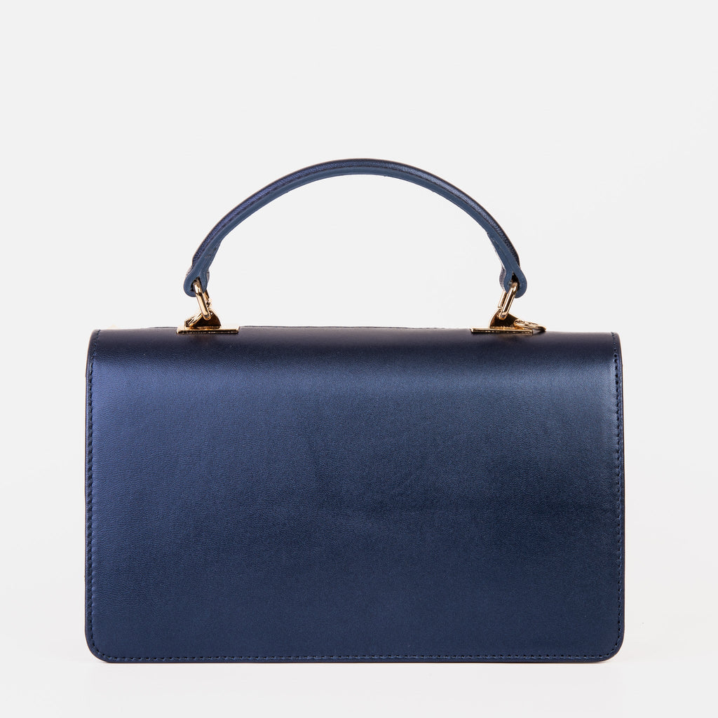 The Dosso Navy Blue and Beige Handwoven Leather Handbag