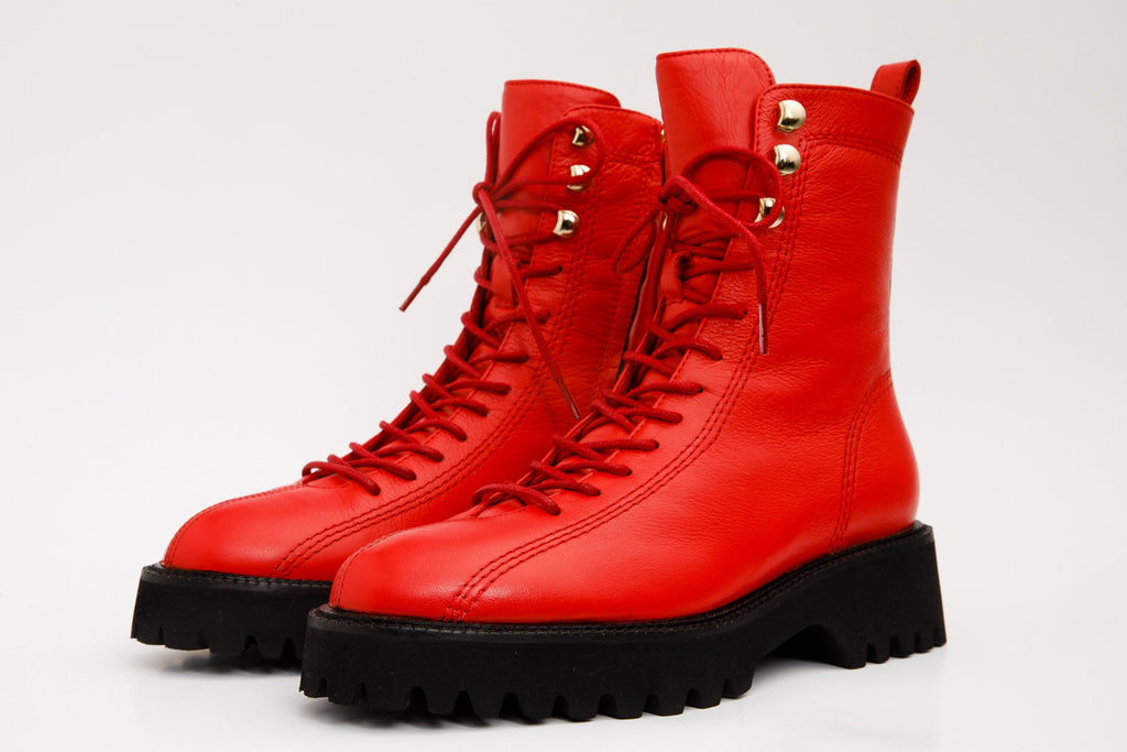 The Moreno Red Leather Lace-Up Mid Calf Women Boot Final Sale!