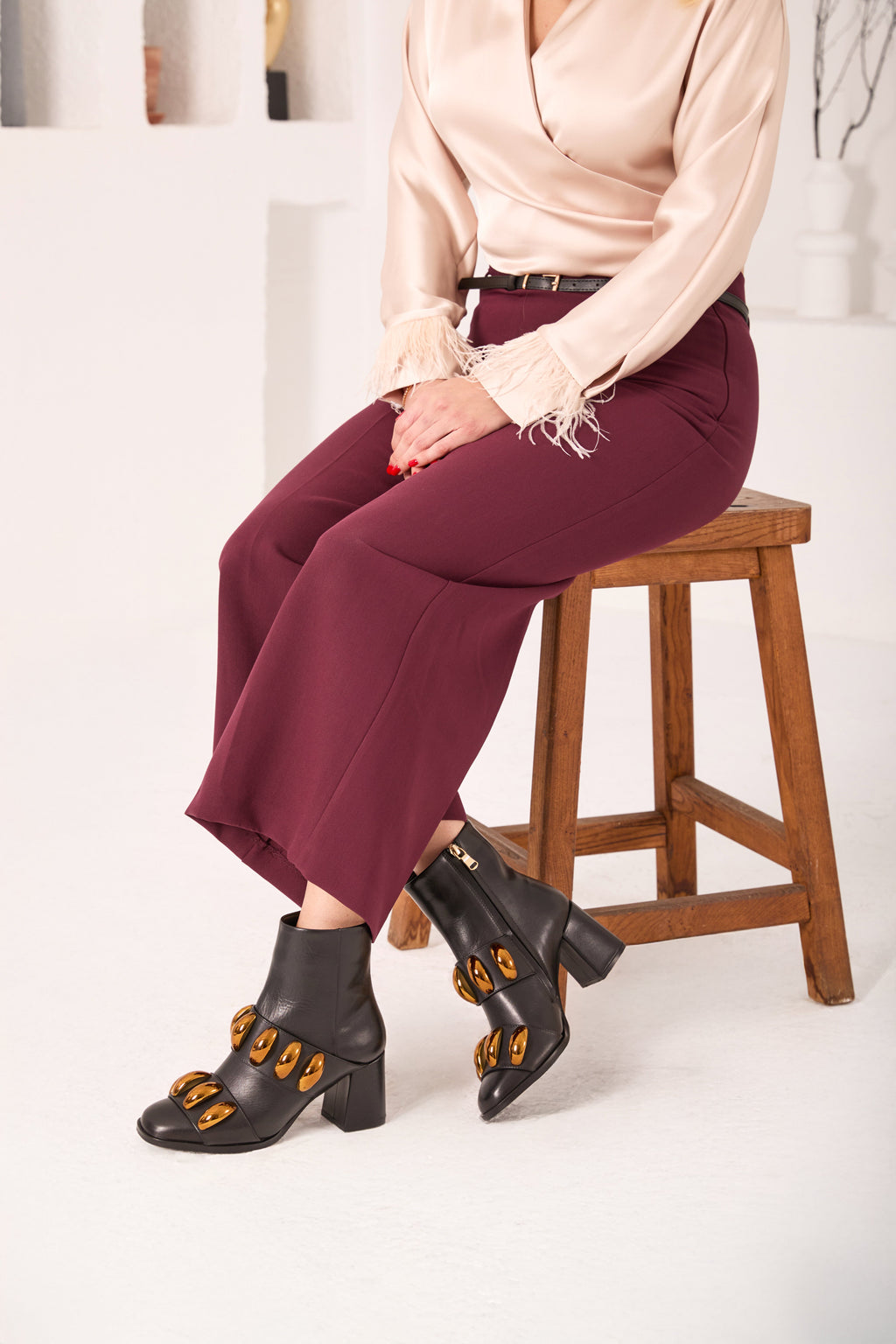 The Eclipse Black & Gold Leather Block Heel Women Boot