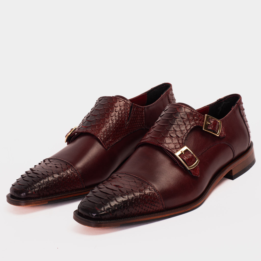 The Bishkek Burgundy Leather Cap Toe Double Monk Strap Men  Shoe