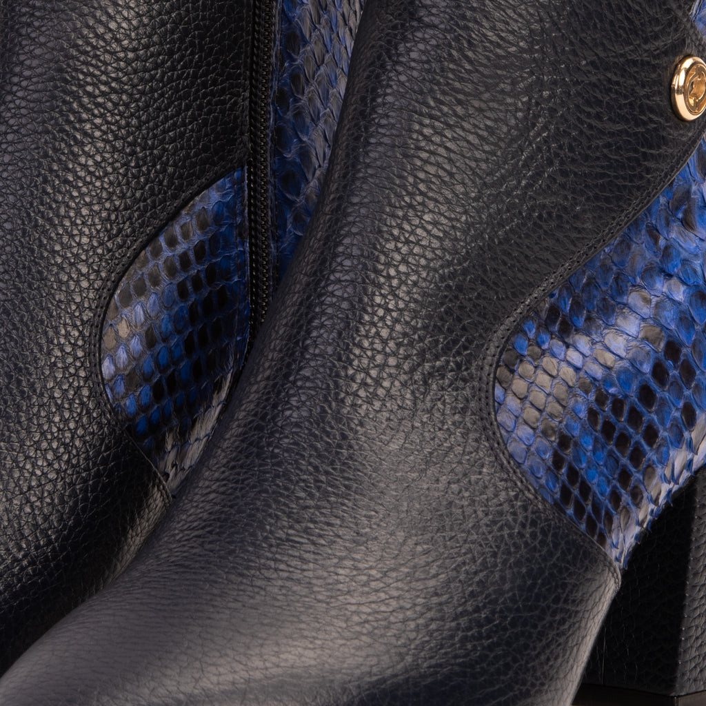 The Saturn Sax Blue Pythn Leather Block Heel  Women Boot