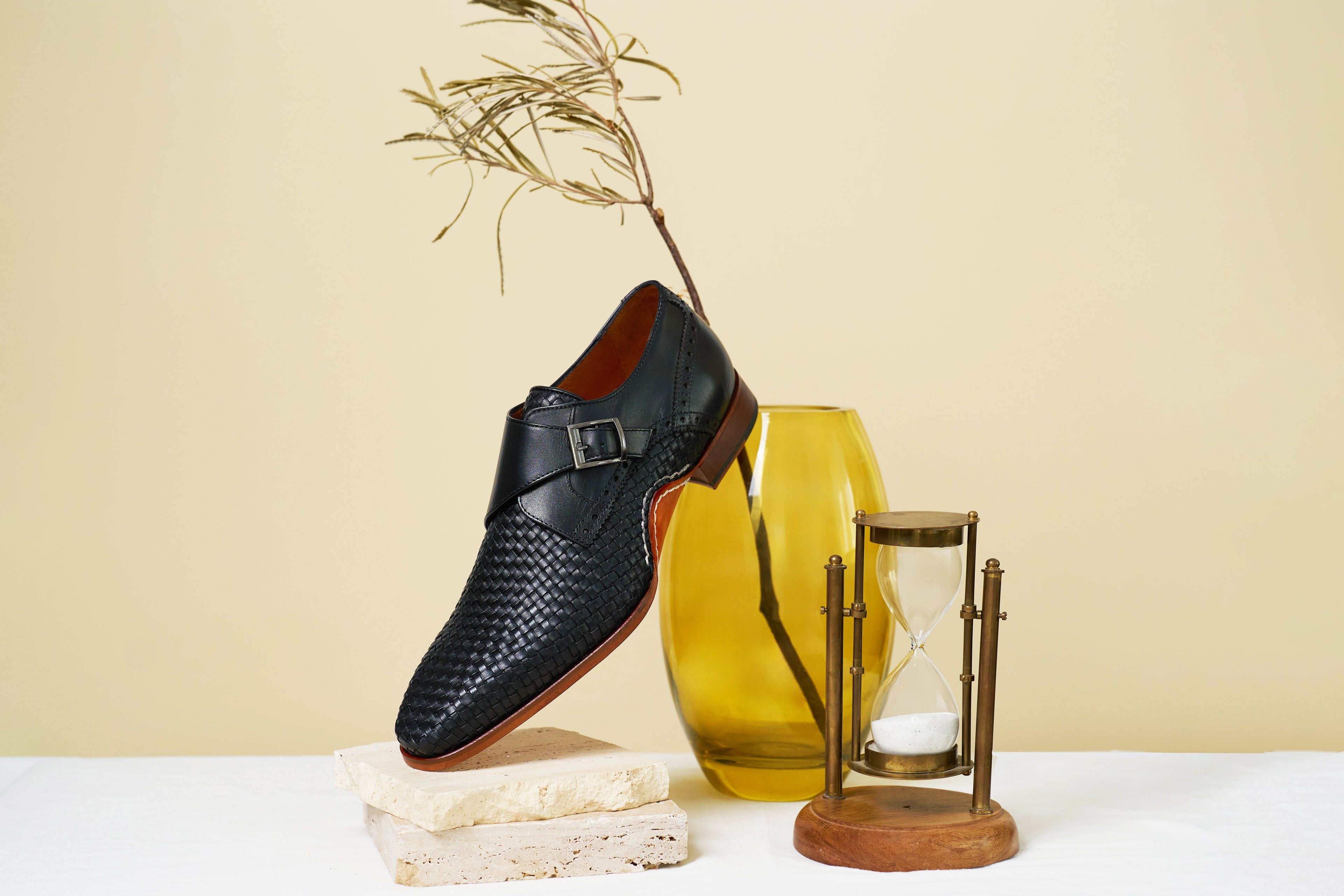 The Rolls  Woven Black Leather Single Monk Strap  Handmade Men Shoe