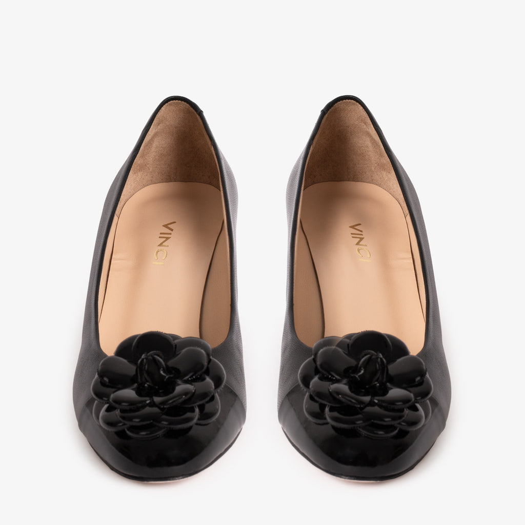 The Diva Black Leather Cap Toe Block Heel Pump Women Shoe