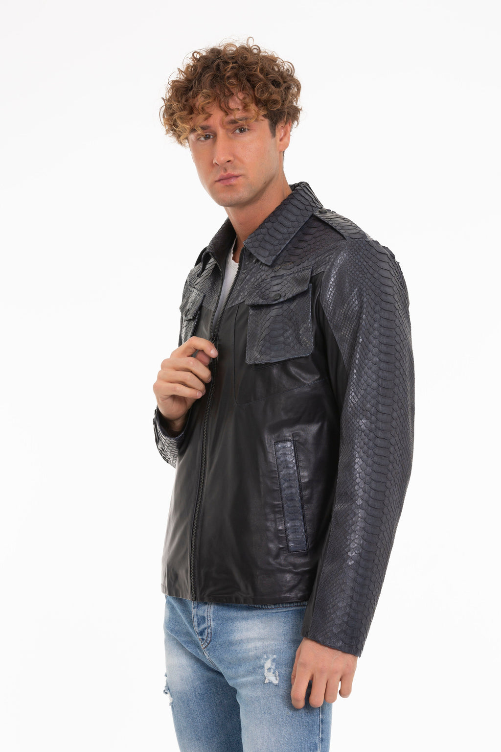 The Agron Pythn Navy Blue Leather Men Jacket