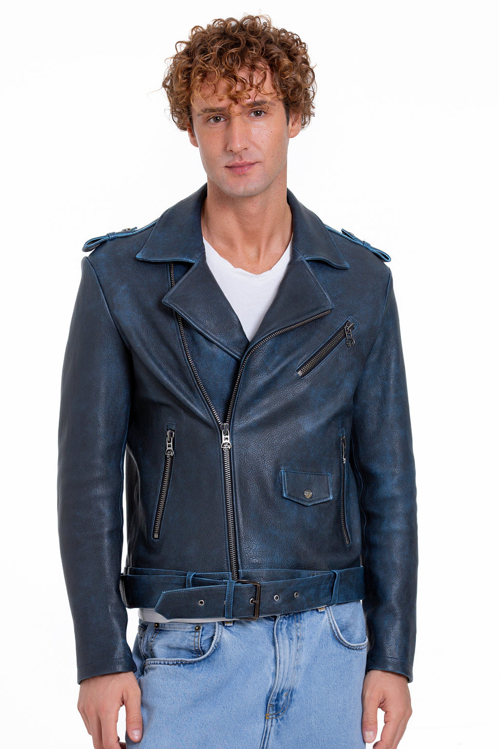 The Shanghai Blue Aged Leather Biker Men Jacket