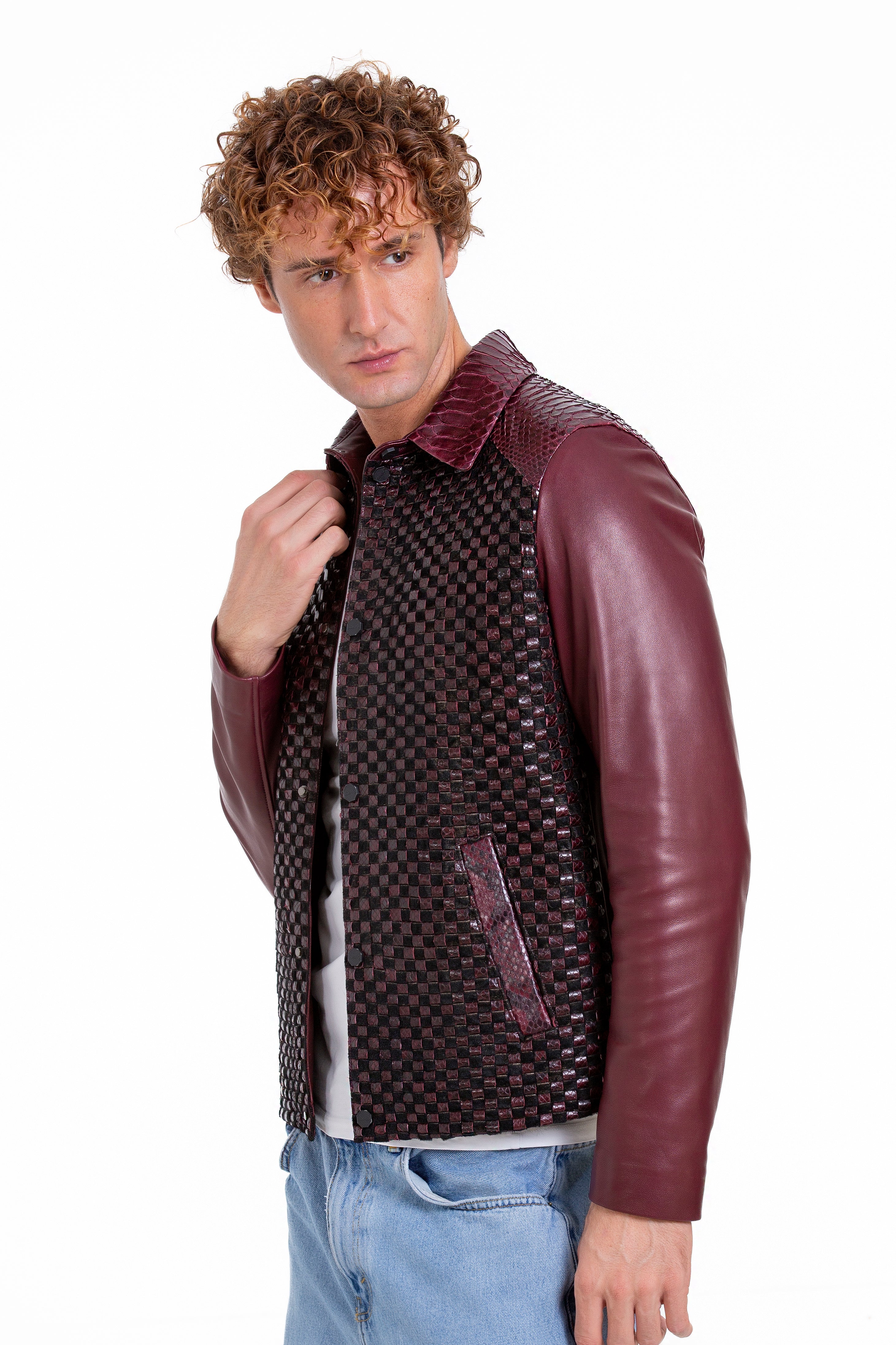The Bedford Pythn Skin Handwoven Leather Burgundy Men Jacket