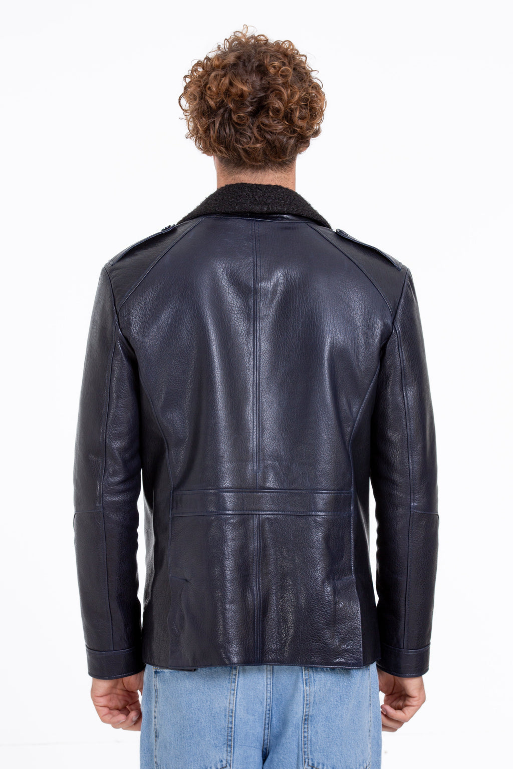 The Ponsonby Navy Blue Leather Shearling Men Jacket