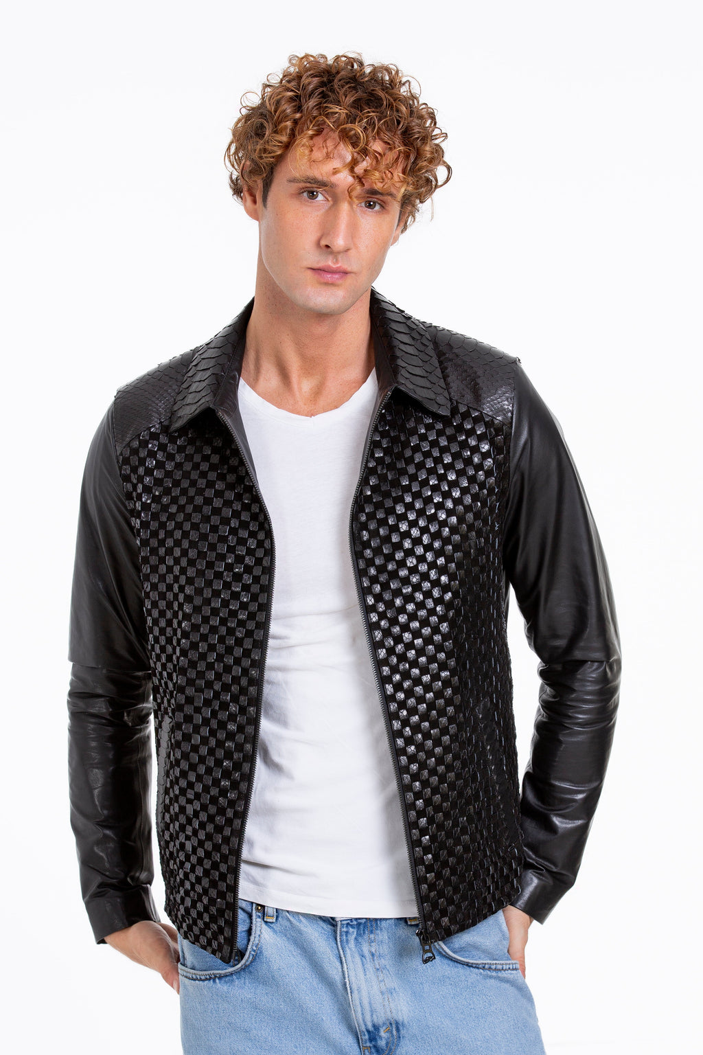 The Bedford Pythn Skin Handwoven Leather Black Men Jacket