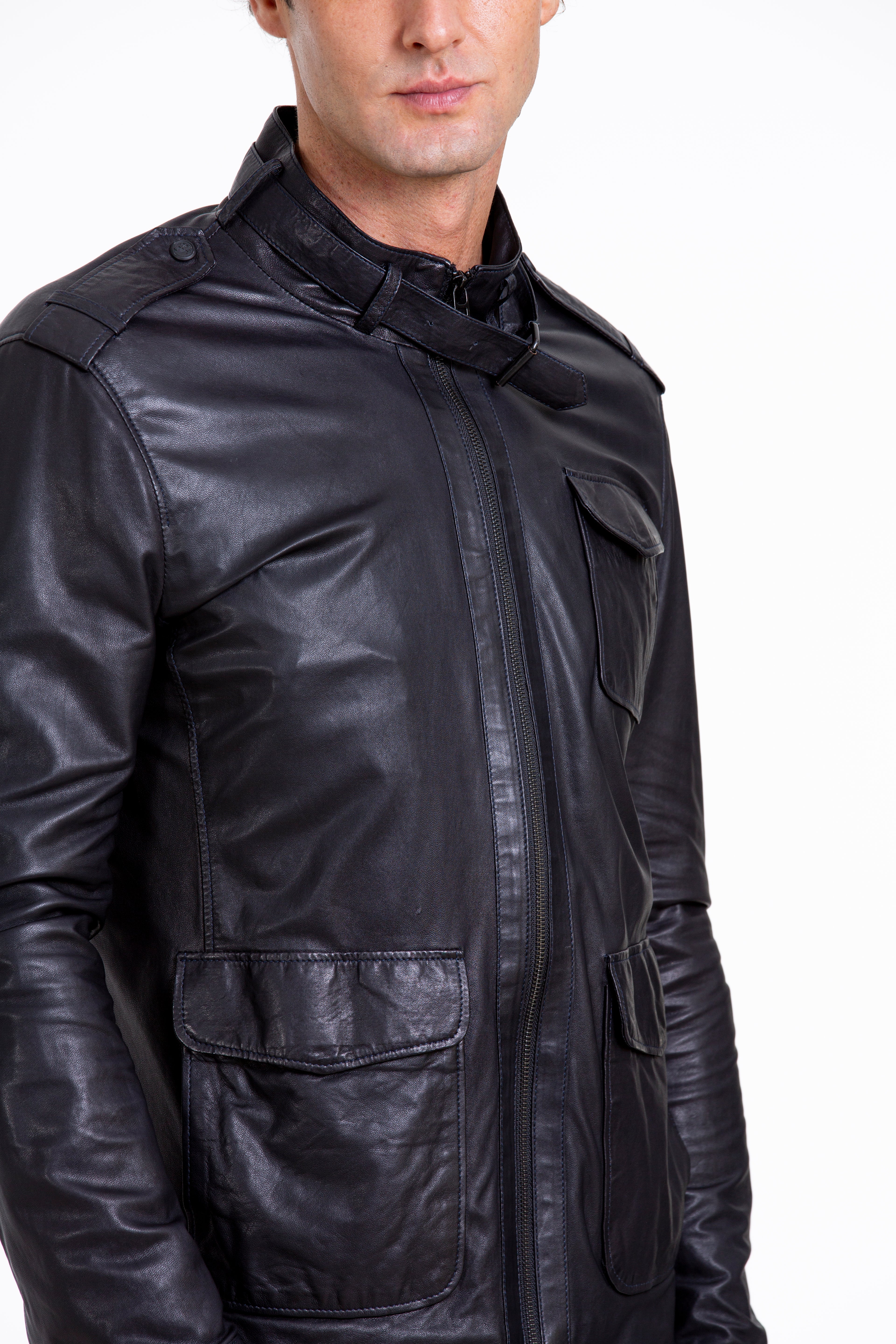 The Karabanchel Navy Blue Leather Men Jacket