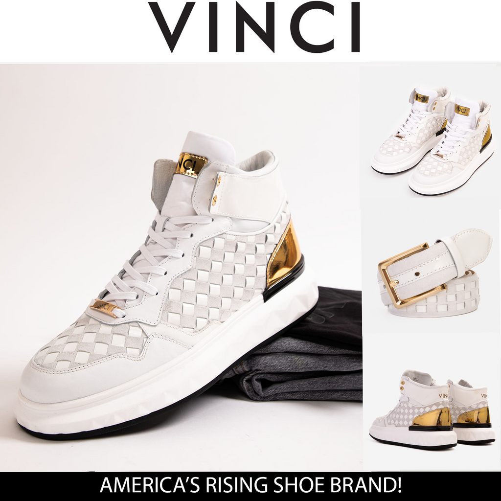 The Eugene White & Gold Woven Leather High-Top Men Sneaker