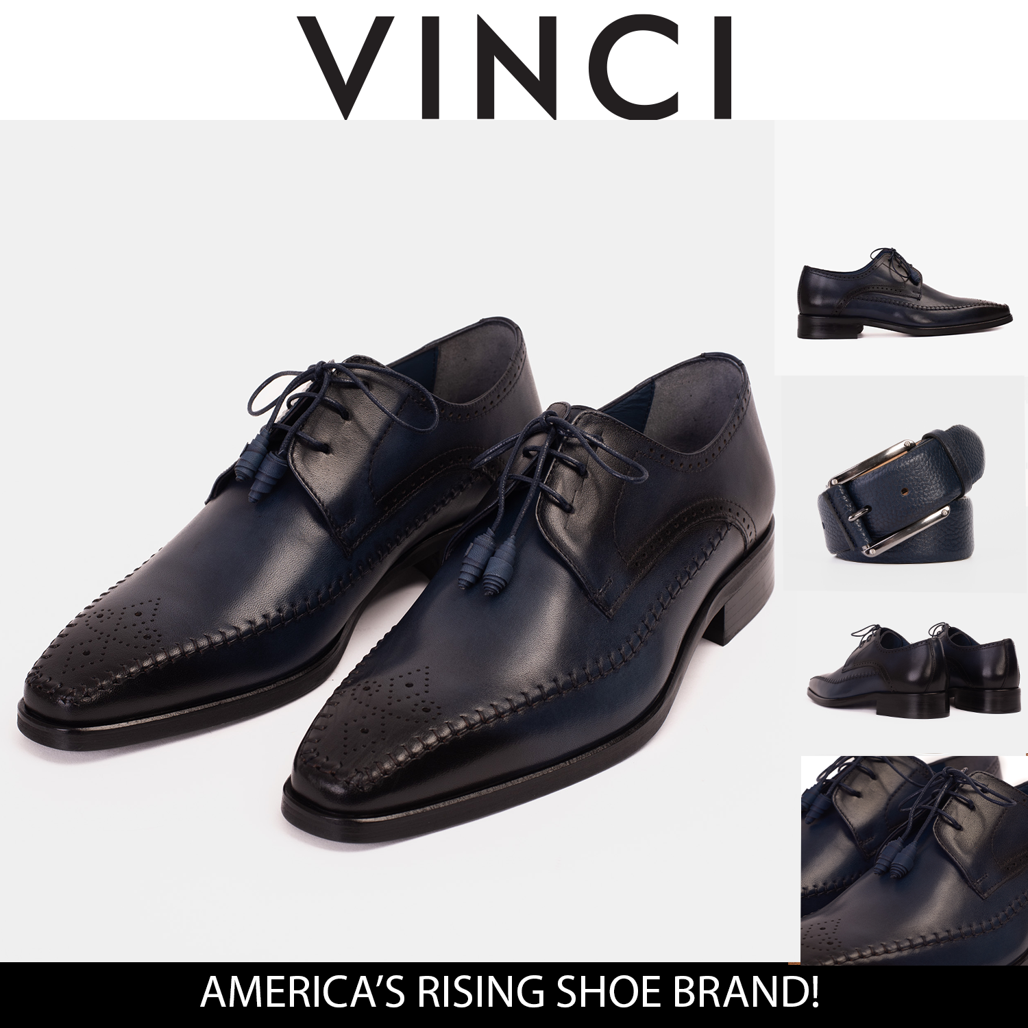 The Moon Navy Blue Leather Derby Men  Shoe