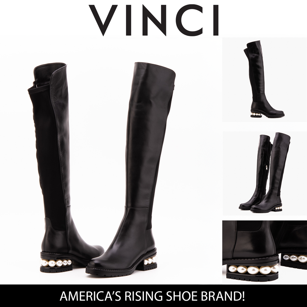 The Valeria Pearl Heel Knee-High Women Black Leather Boot