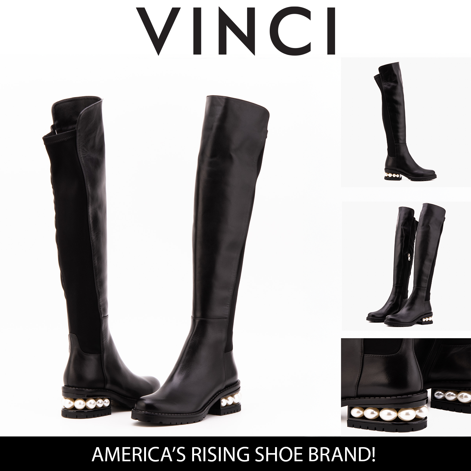 The Valeria Pearl Heel Knee-High Women Black Leather Boot