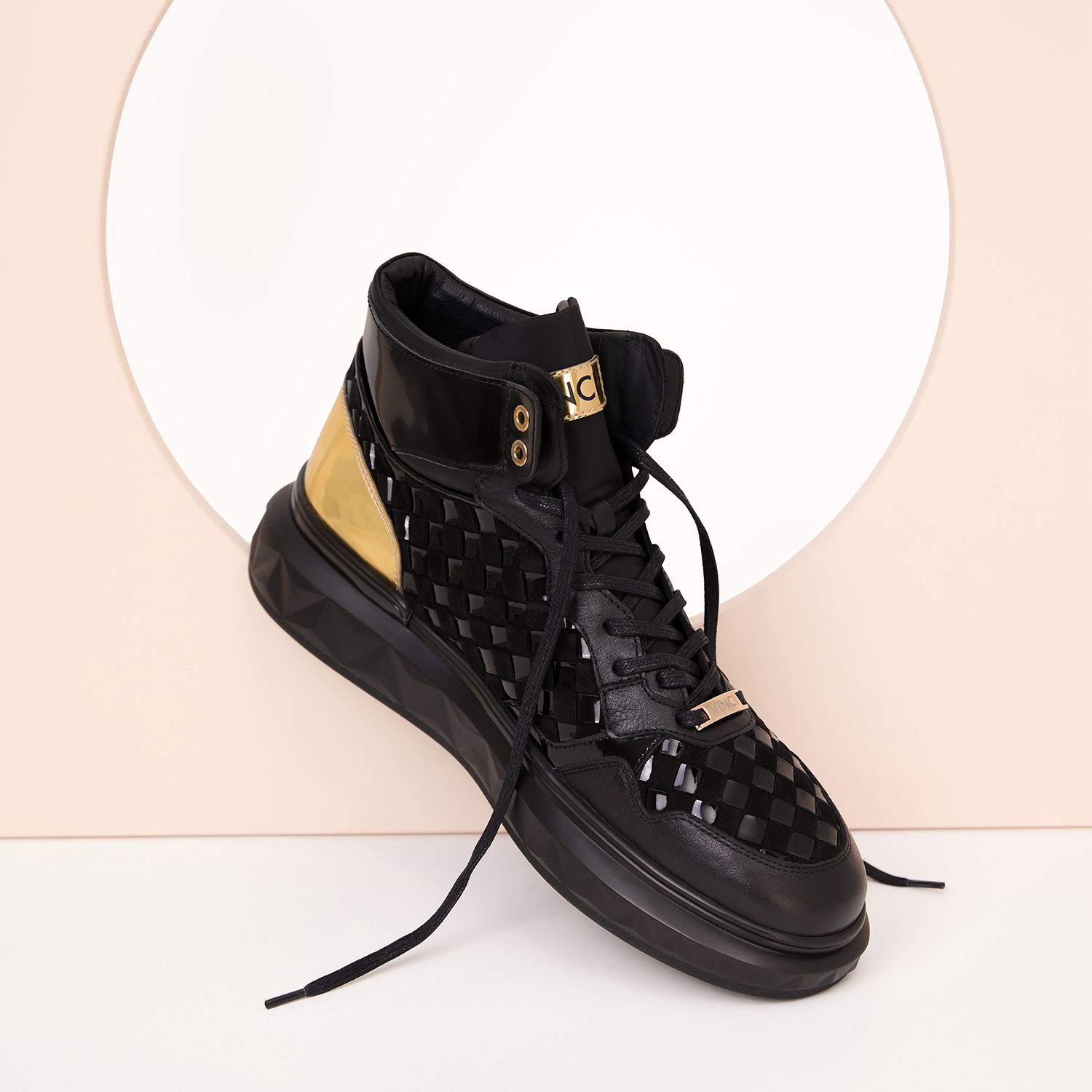 The Eugene Black & Gold Woven Leather High-Top Men Sneaker