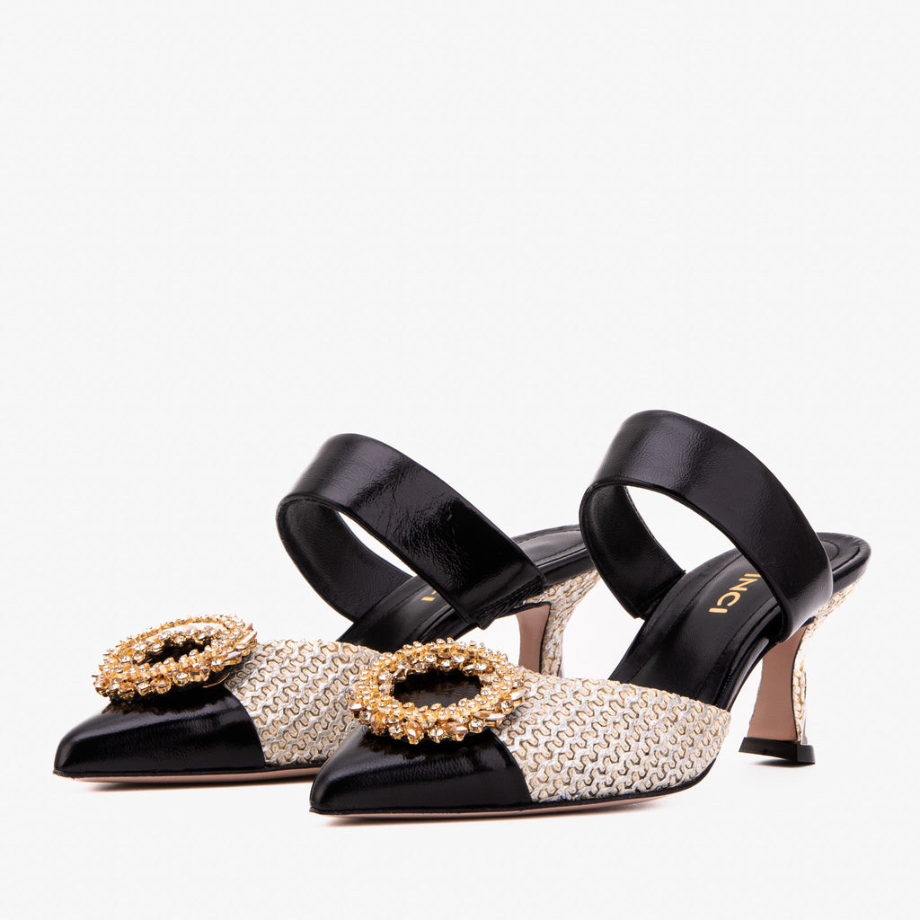 The Valencia Black & Cream Jewel Heel Women's Mule Sandal