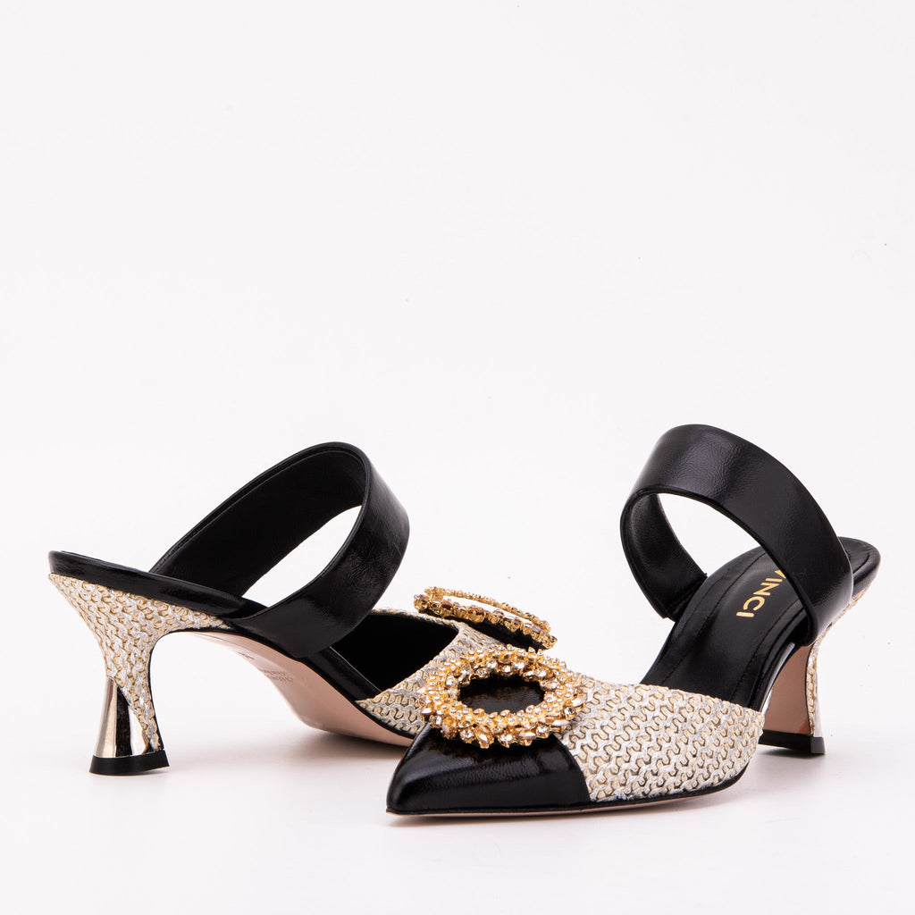 The Valencia Black & Cream Jewel Heel Women's Mule Sandal