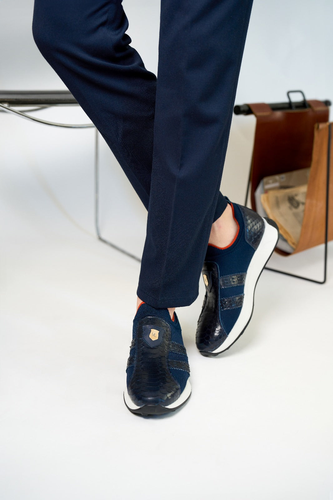 The Aslan Navy Knitted & Leather Men Sneaker