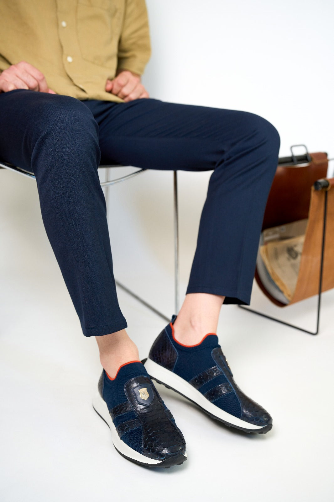 The Aslan Navy Knitted & Leather Men Sneaker