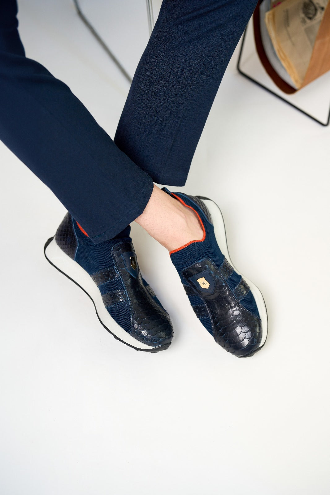 The Aslan Navy Knitted & Leather Men Sneaker