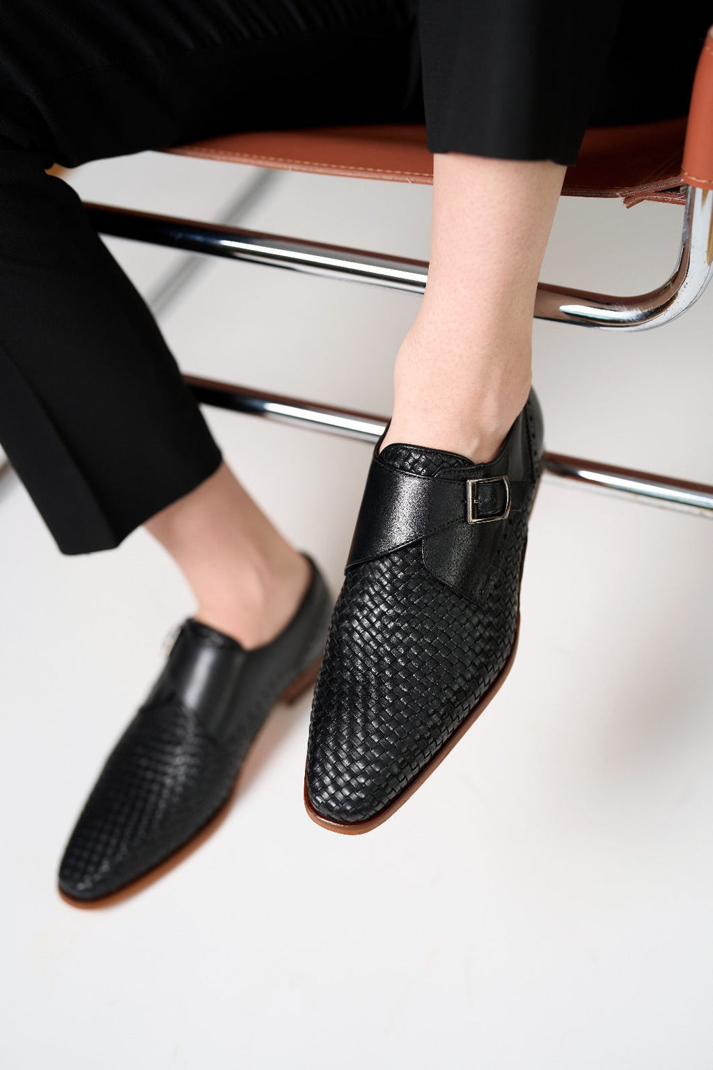 The Rolls  Woven Black Leather Single Monk Strap  Handmade Men Shoe