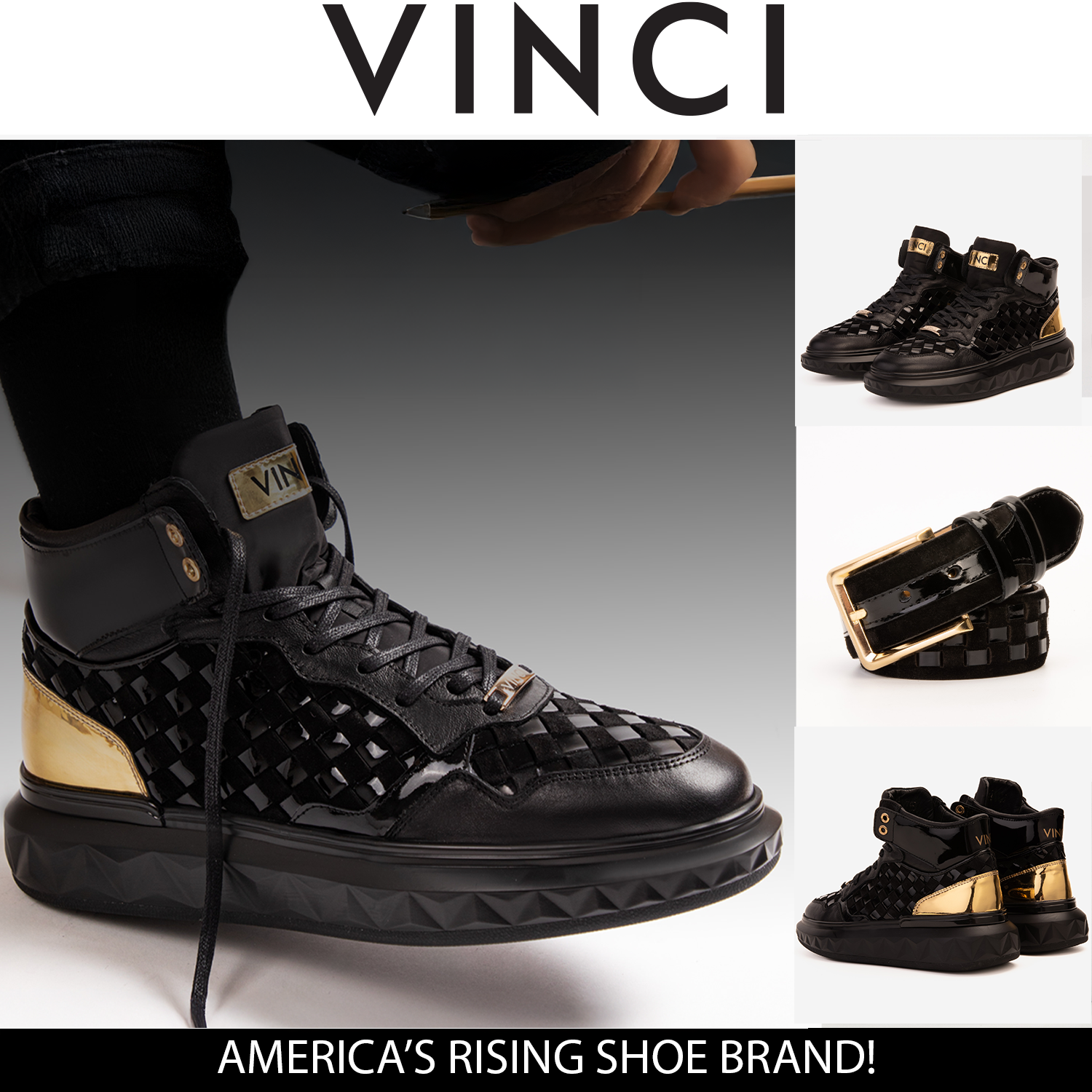 The Eugene Black & Gold Woven Leather High-Top Men Sneaker