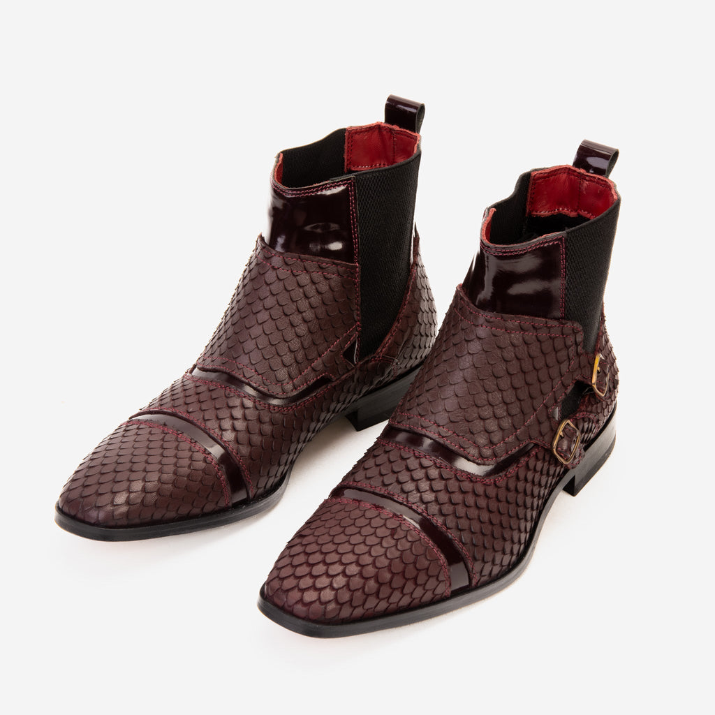 The Orion Burgundy Snakeskin Pattern Leather Double Monk Strap Men Boot