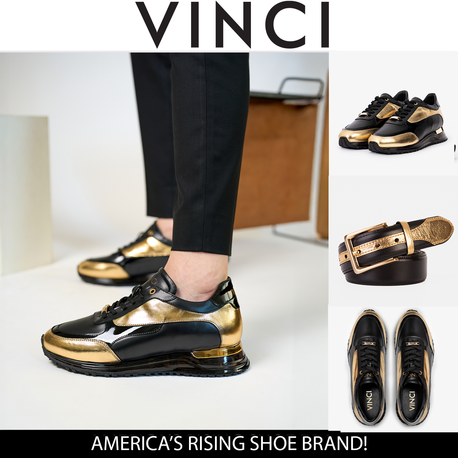 The Arda Black & Gold Leather Men Sneaker