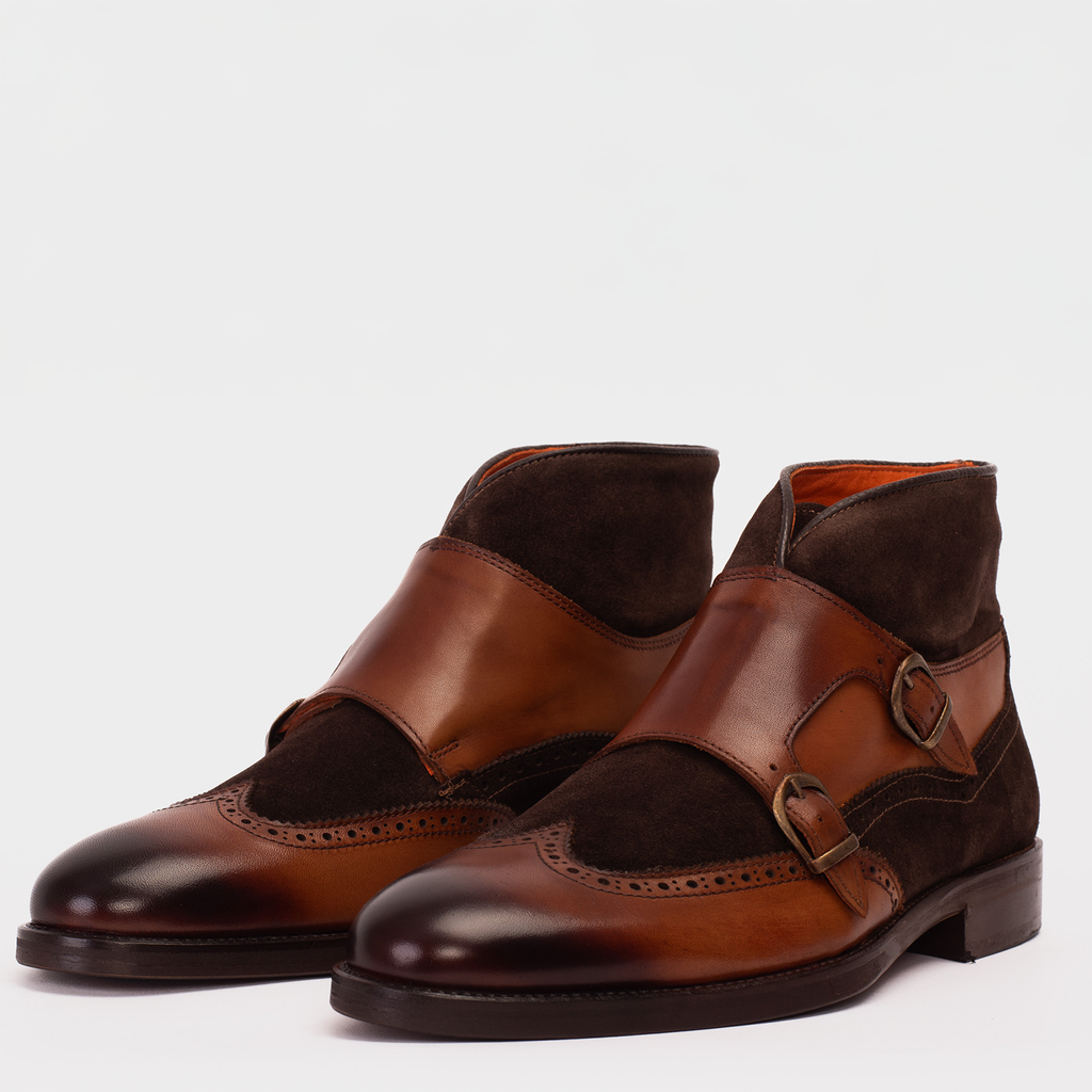 The Albus Tan Leather & Suede Double Strap Monk Brogue Men  Boot