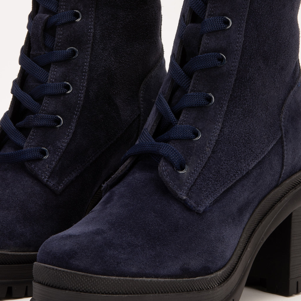 The Elera Navy Blue Leather Block Heel Women Boot
