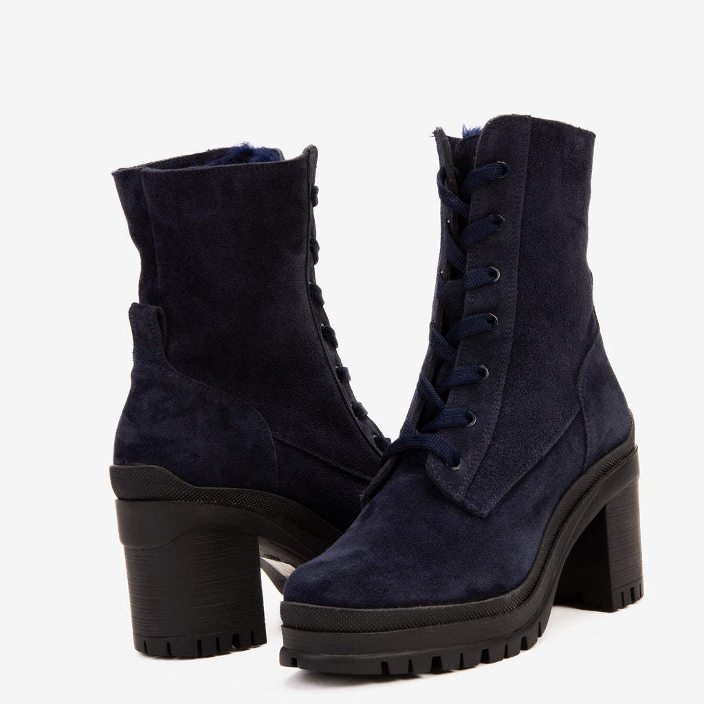 The Elera Navy Blue Leather Block Heel Women Boot
