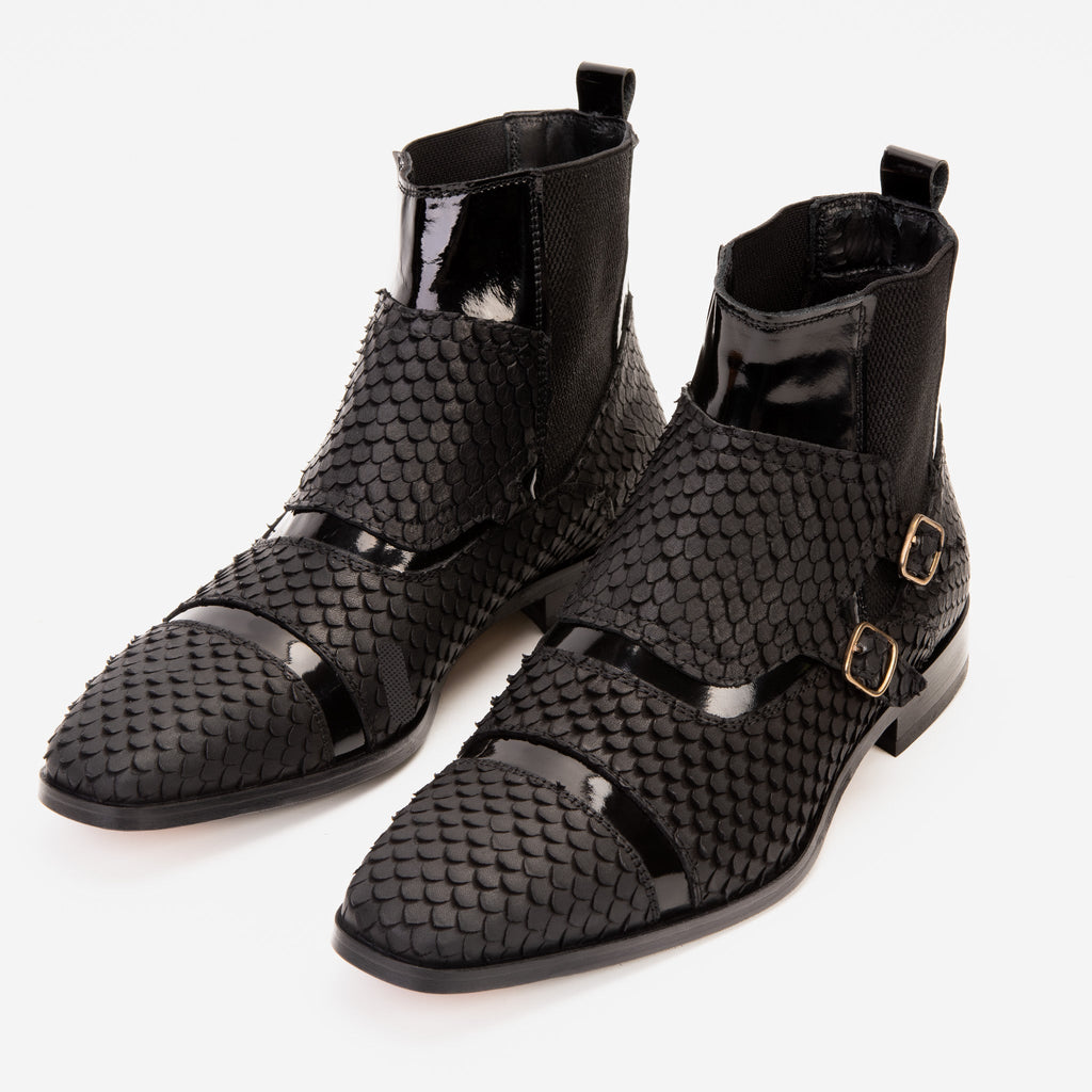 The Orion Black Snakeskin Pattern Leather Double Monk Strap Men Boot