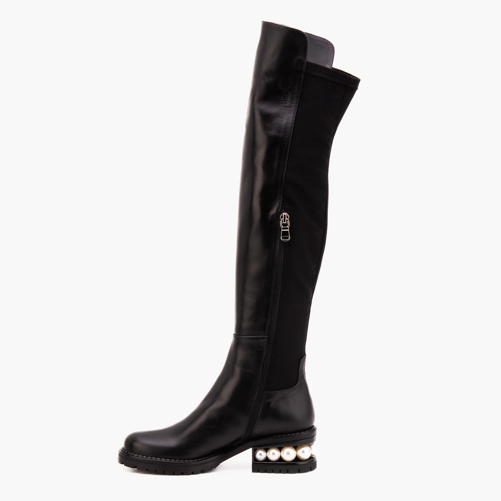 The Valeria Pearl Heel Knee-High Women Black Leather Boot