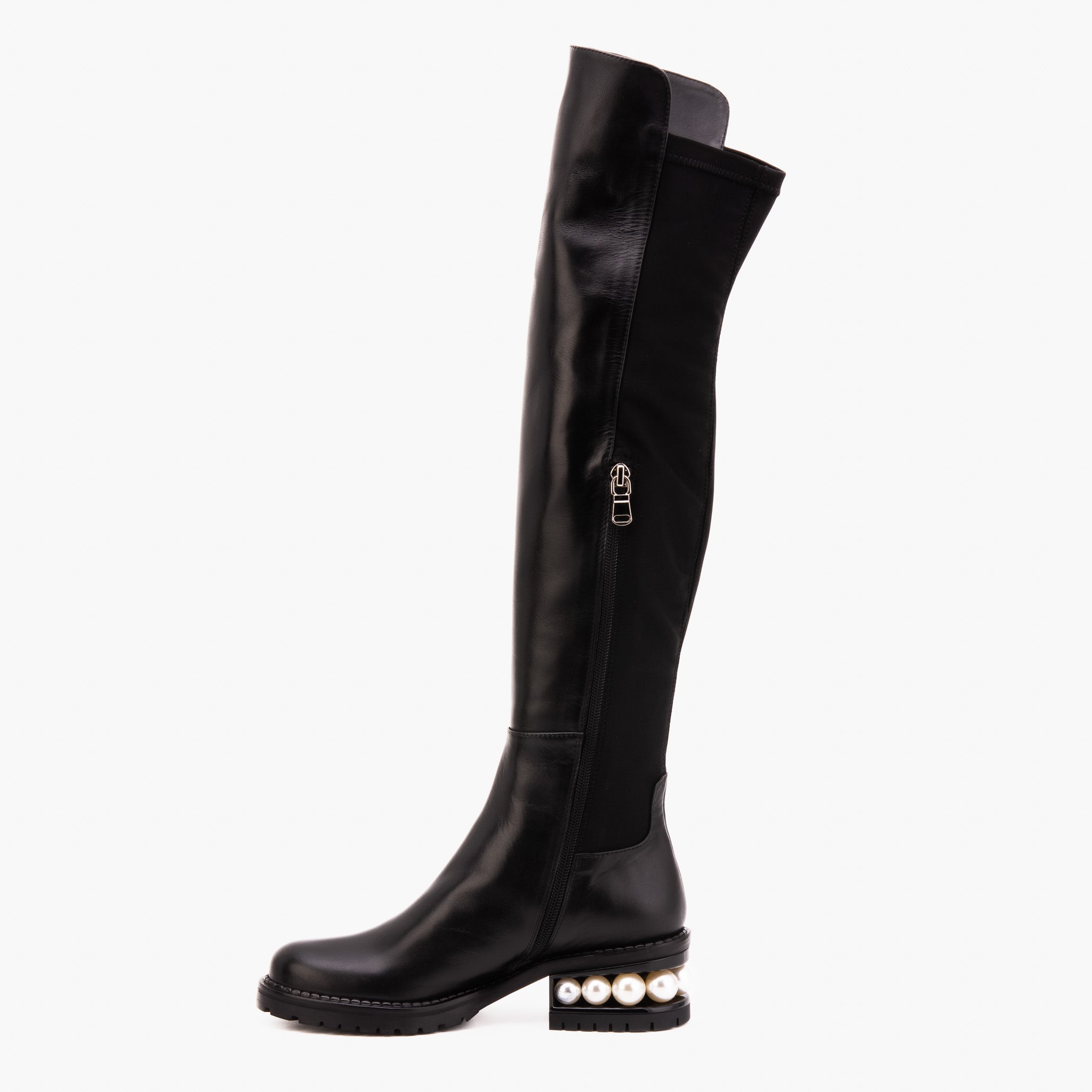 The Valeria Pearl Heel Knee-High Women Black Leather Boot
