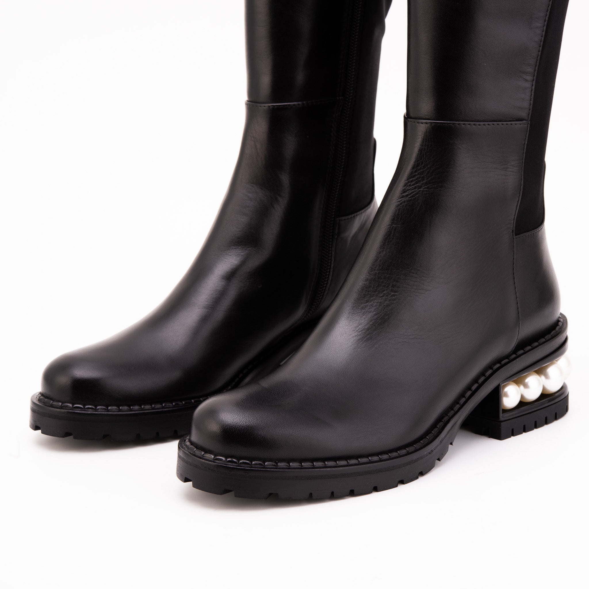 The Valeria Pearl Heel Knee-High Women Black Leather Boot
