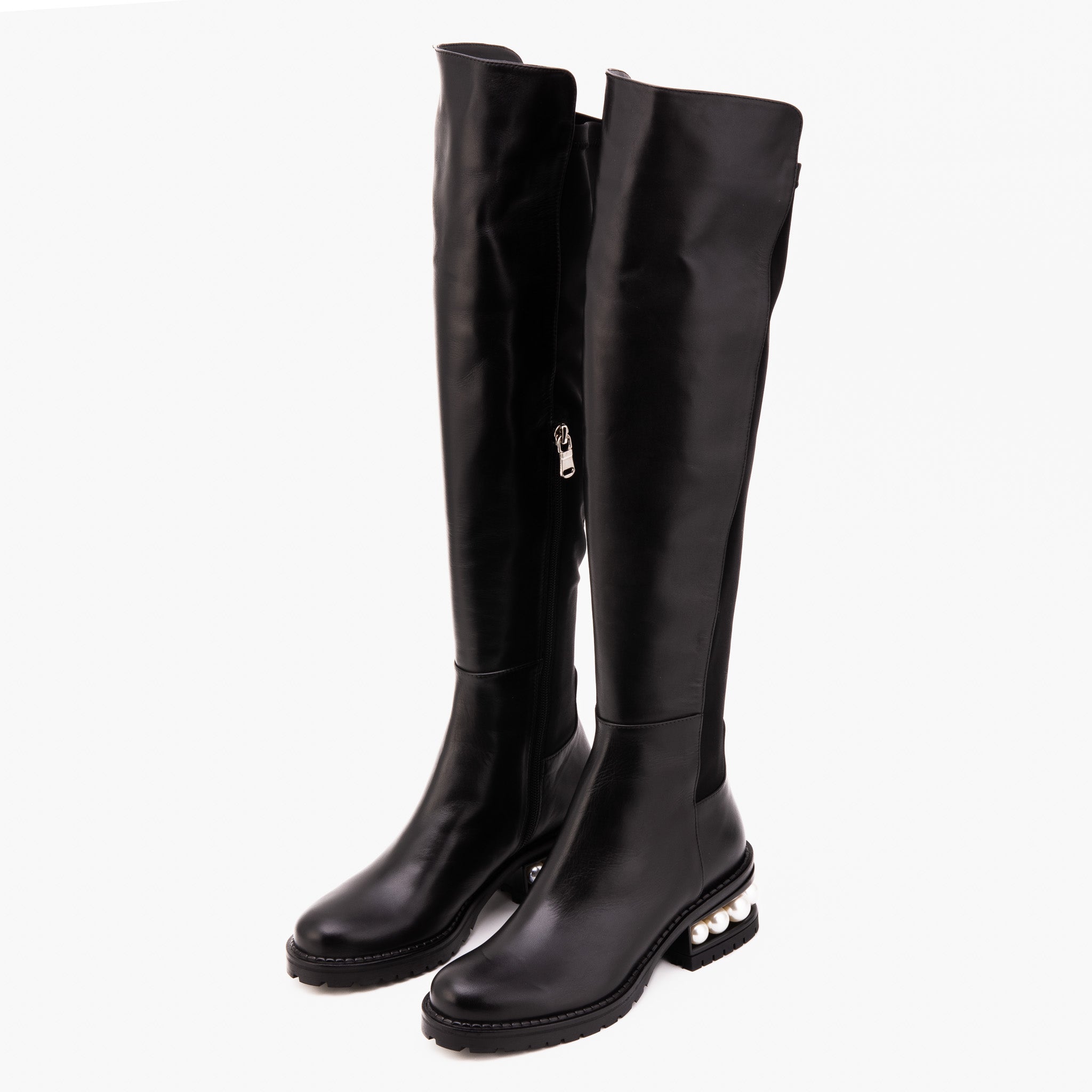 The Valeria Pearl Heel Knee-High Women Black Leather Boot